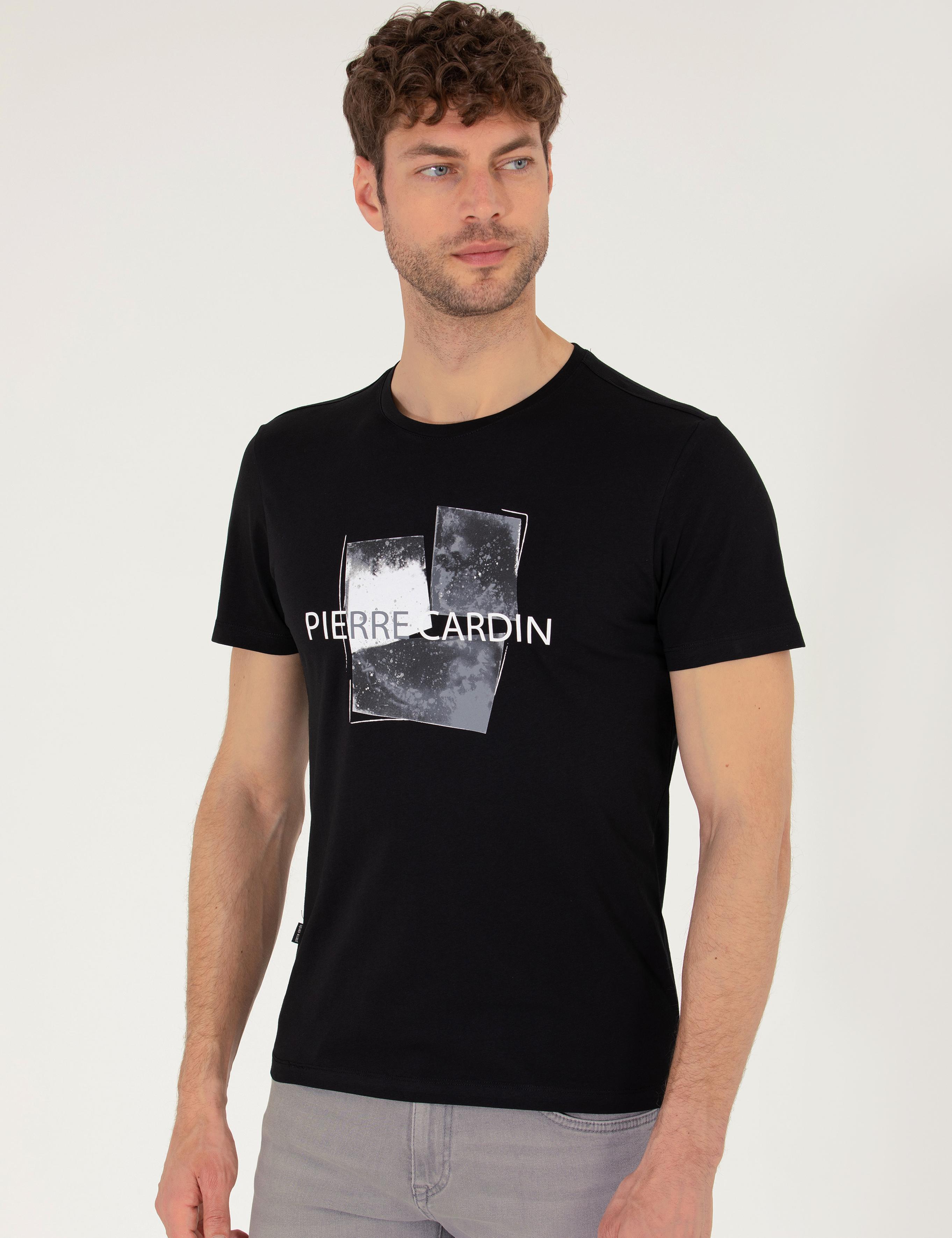 Siyah Slim Fit Baskılı Bisiklet Yaka Tişört