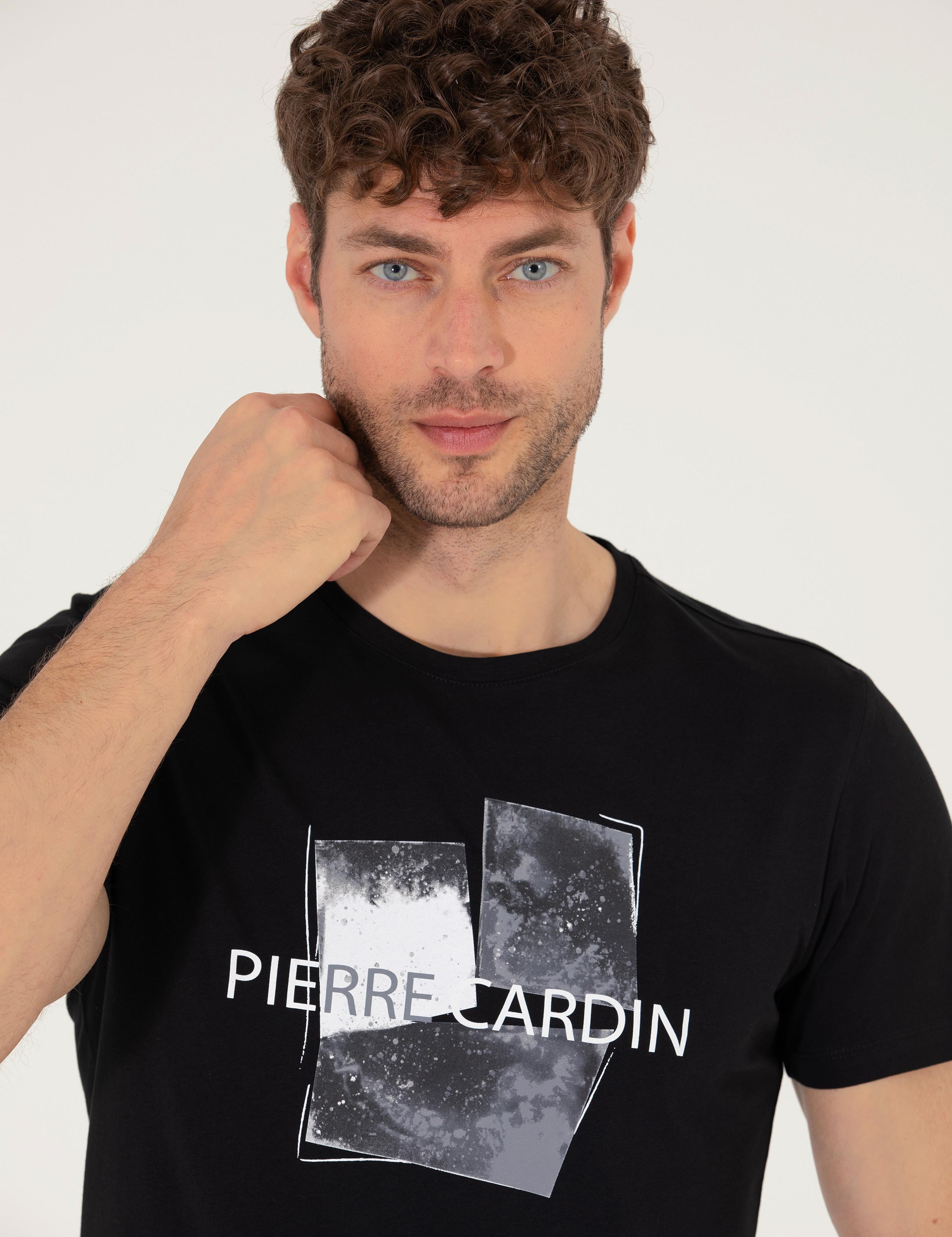 Siyah Slim Fit Baskılı Bisiklet Yaka Tişört