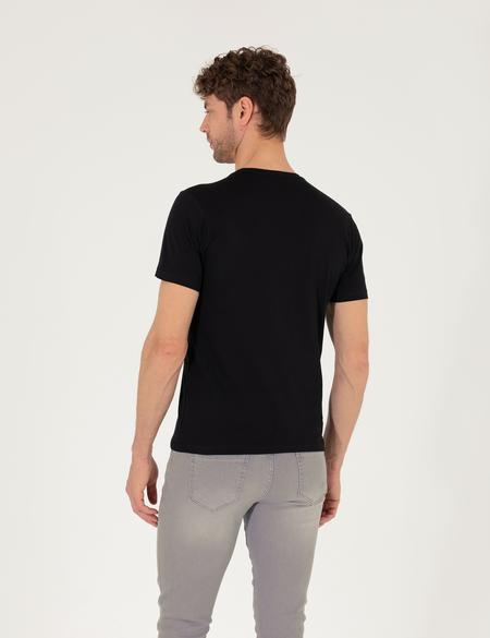 Siyah Slim Fit Baskılı Bisiklet Yaka Tişört - 50273381026
