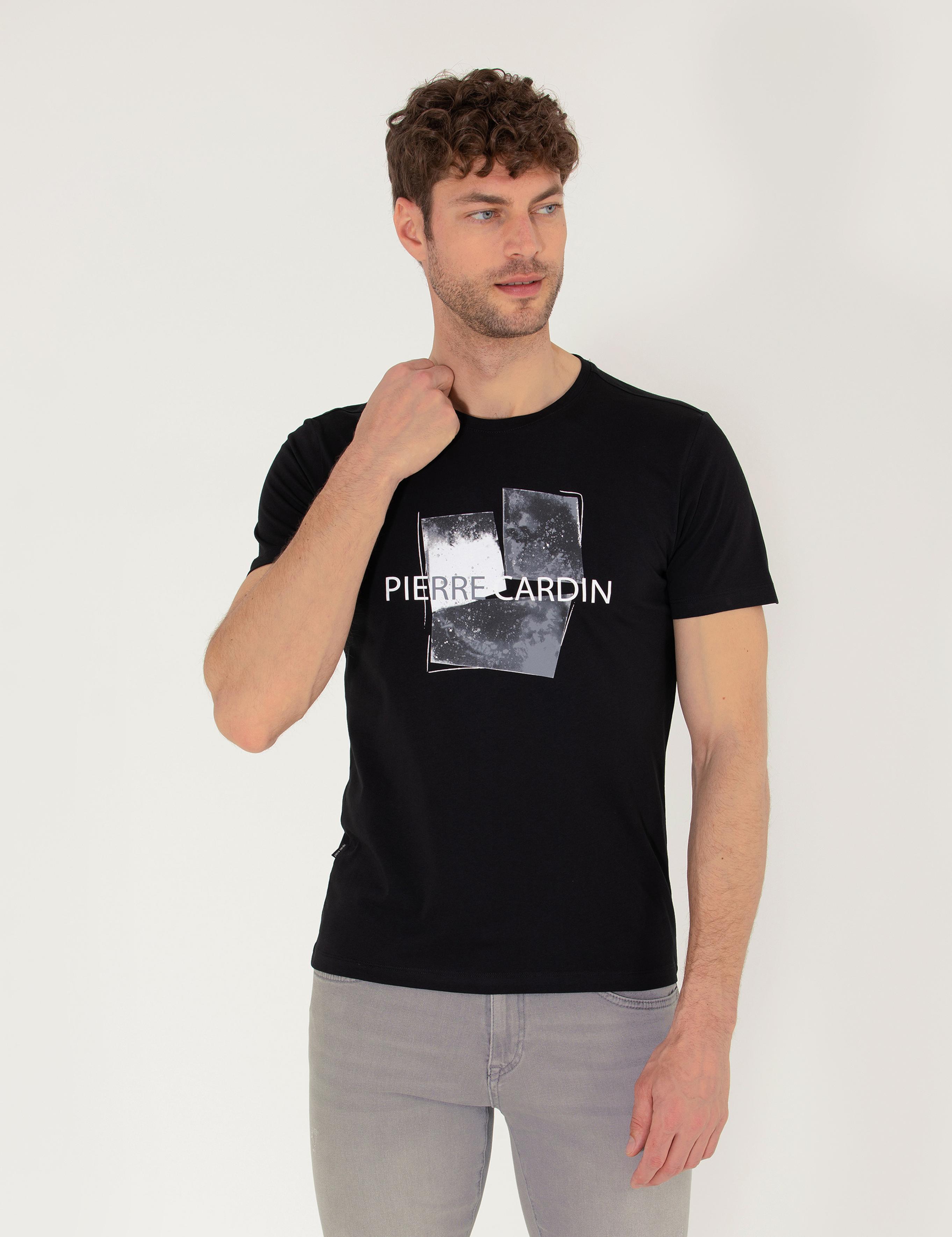 Siyah Slim Fit Baskılı Bisiklet Yaka Tişört