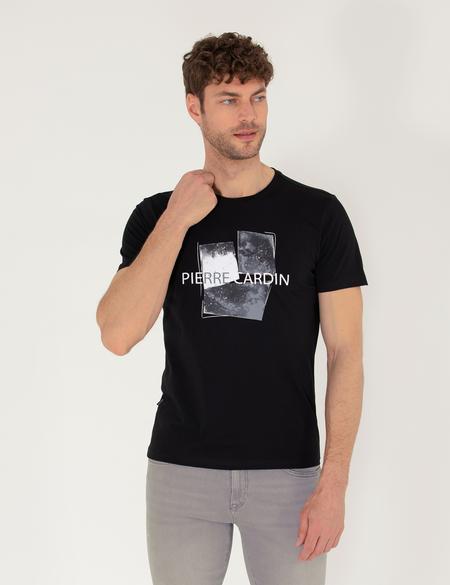 Siyah Slim Fit Baskılı Bisiklet Yaka Tişört - 50273381026