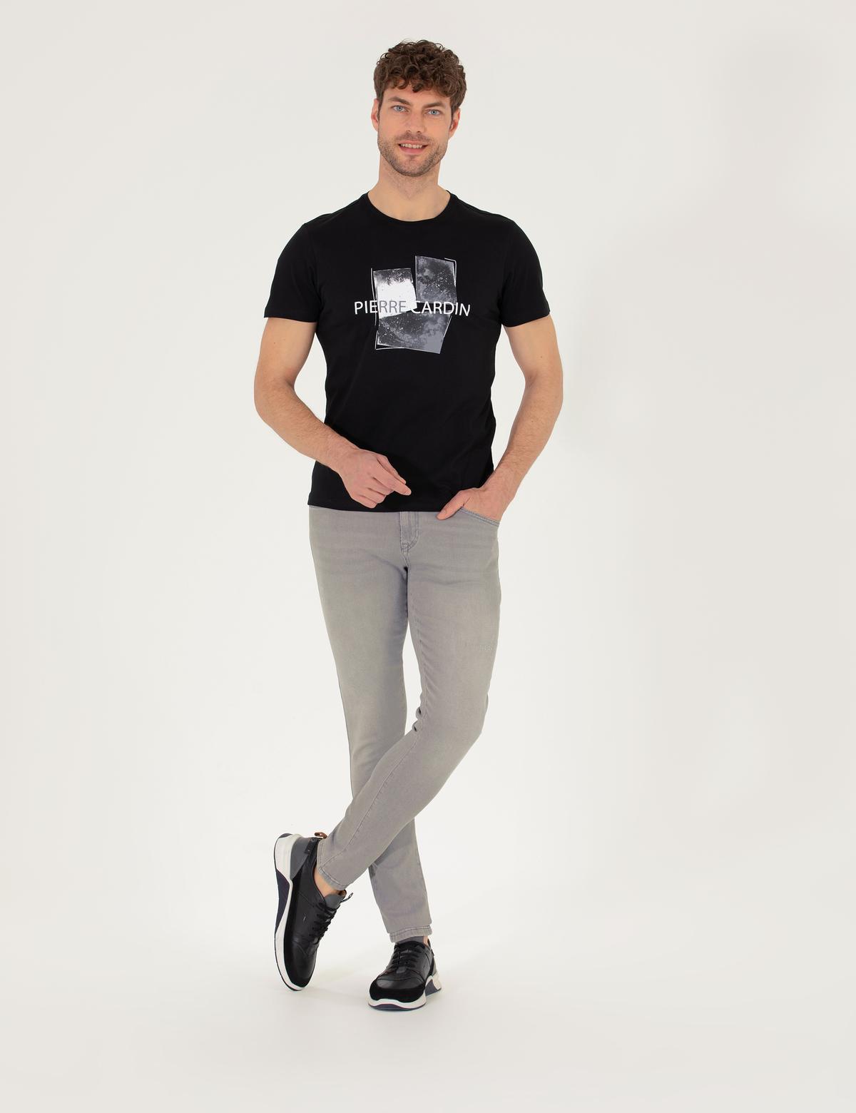 Siyah Slim Fit Baskılı Bisiklet Yaka Tişört - 50273381026