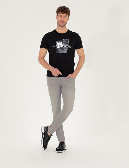 Siyah Slim Fit Baskılı Bisiklet Yaka Tişört - 50273381026