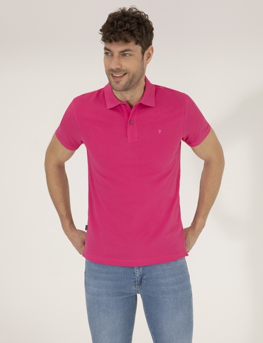 Pembe Slim Fit %100 Pamuk Düğmeli Polo Yaka Basic Tişört