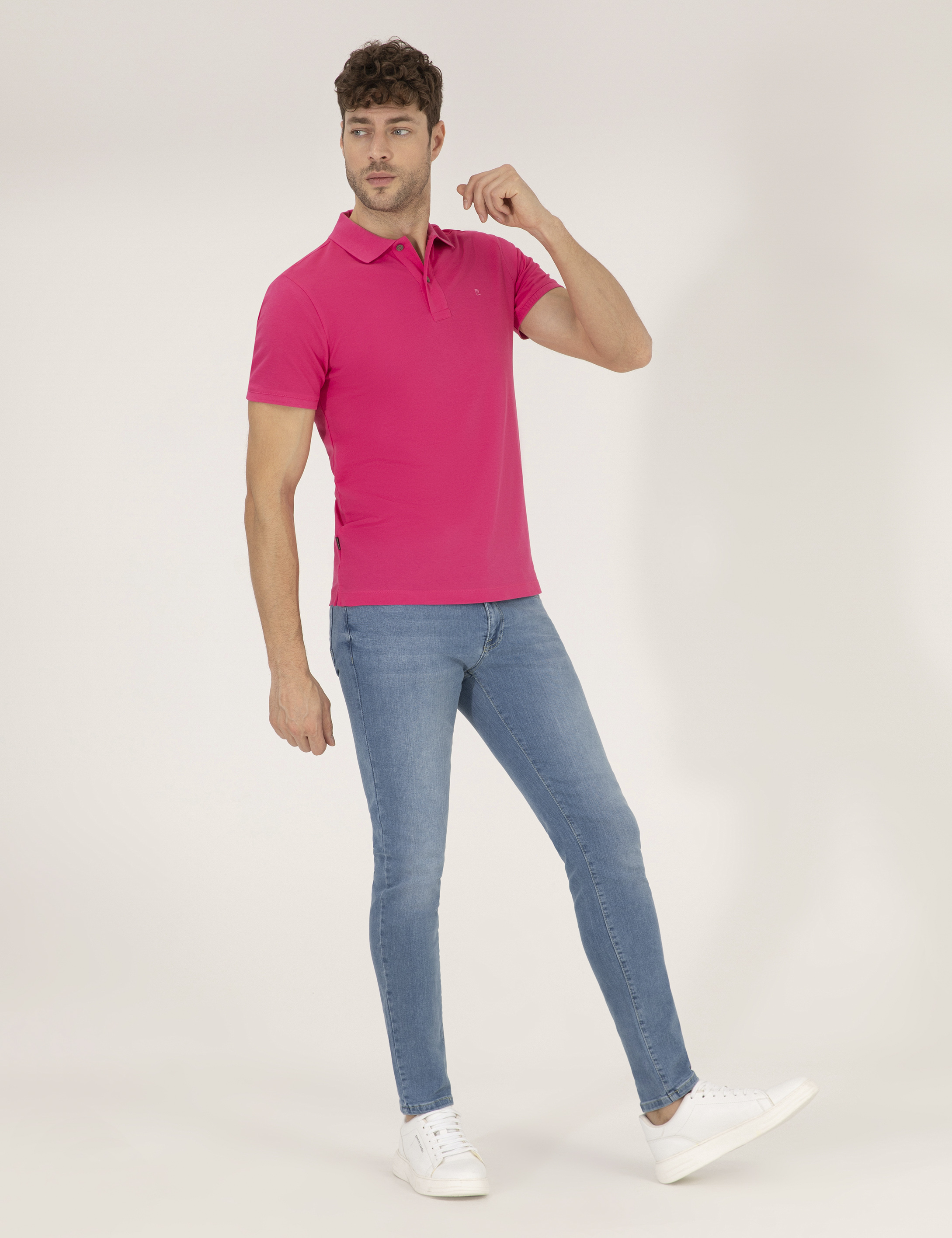 Pierre Cardin Pembe Slim Fit %100 Pamuk Düğmeli Polo Yaka Basic Tişört görsel 4