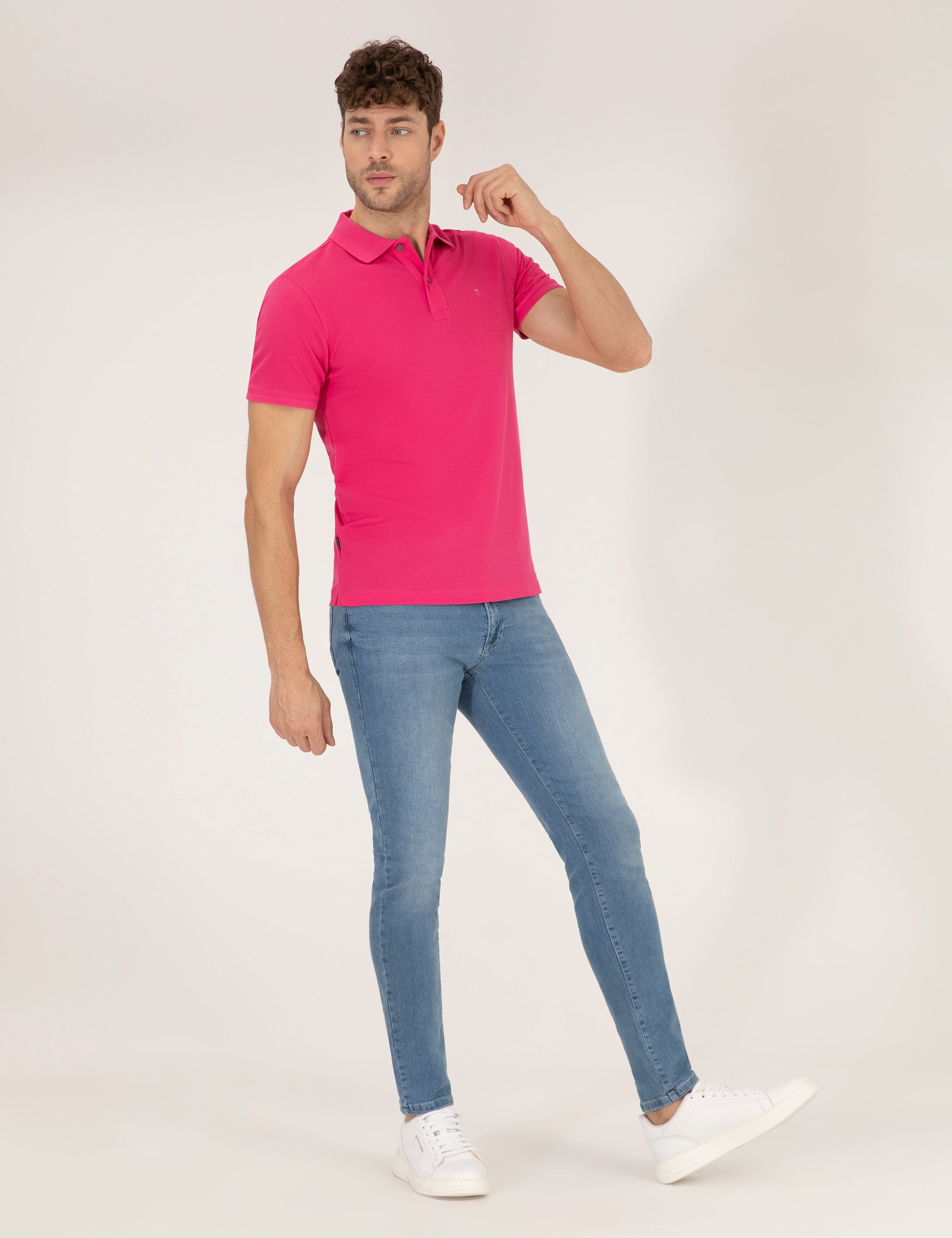 Pembe Slim Fit Polo Yaka Basic Tişört - Image 4
