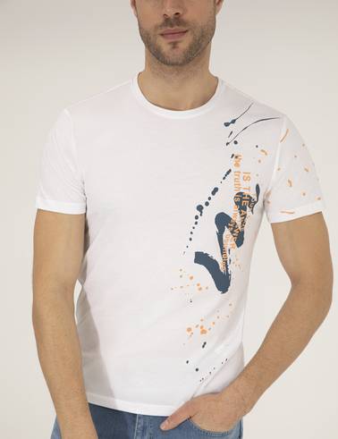Ekru Slim Fit Baskılı Bisiklet Yaka Tişört