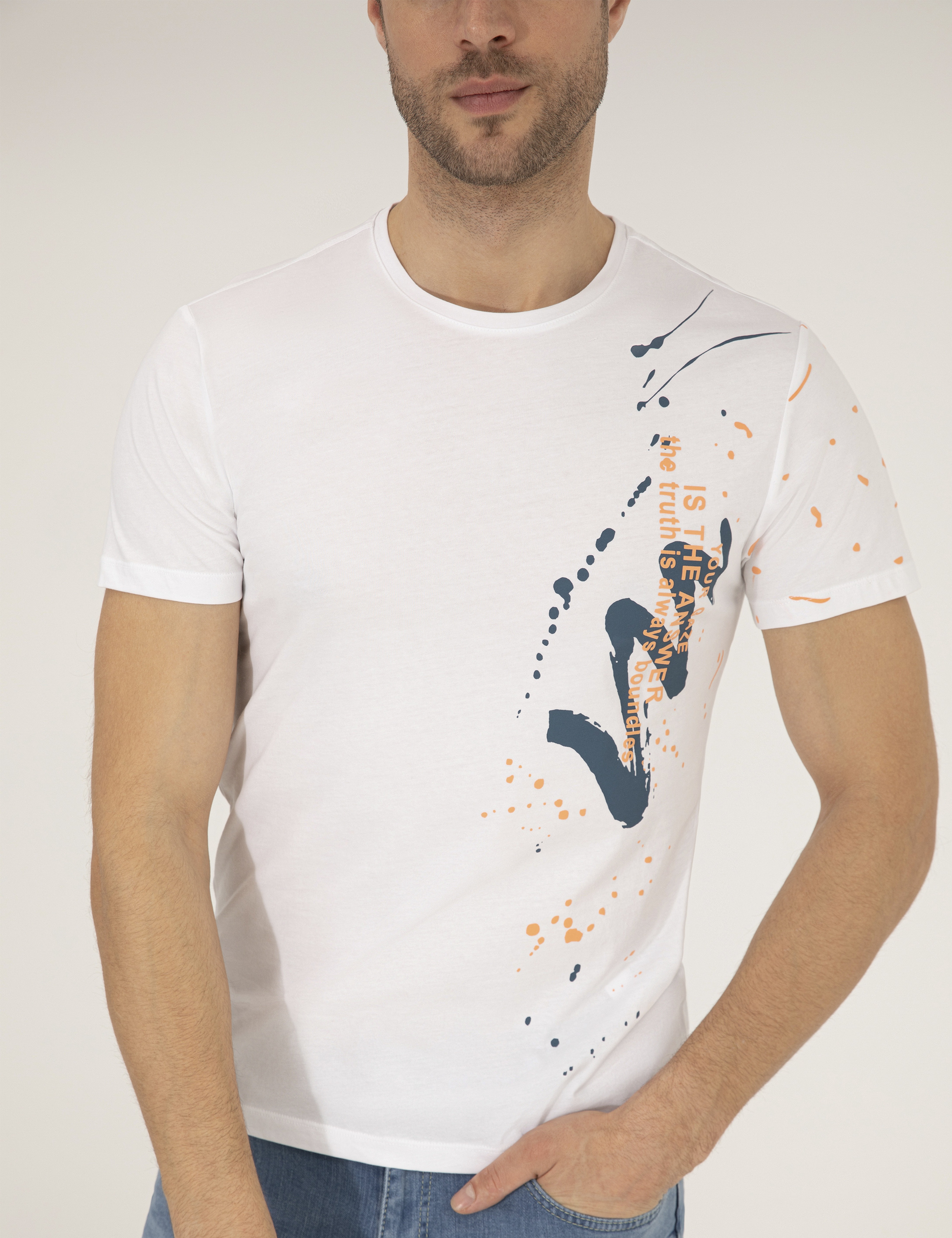 Ekru Slim Fit Baskılı Bisiklet Yaka Tişört - Image 6
