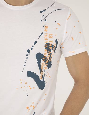 Ekru Slim Fit Baskılı Bisiklet Yaka Tişört