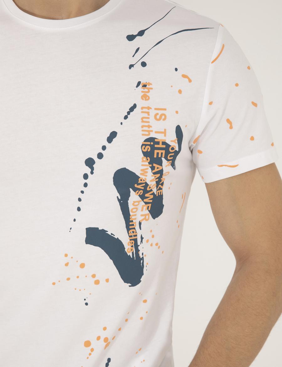 Ekru Slim Fit Baskılı Bisiklet Yaka Tişört