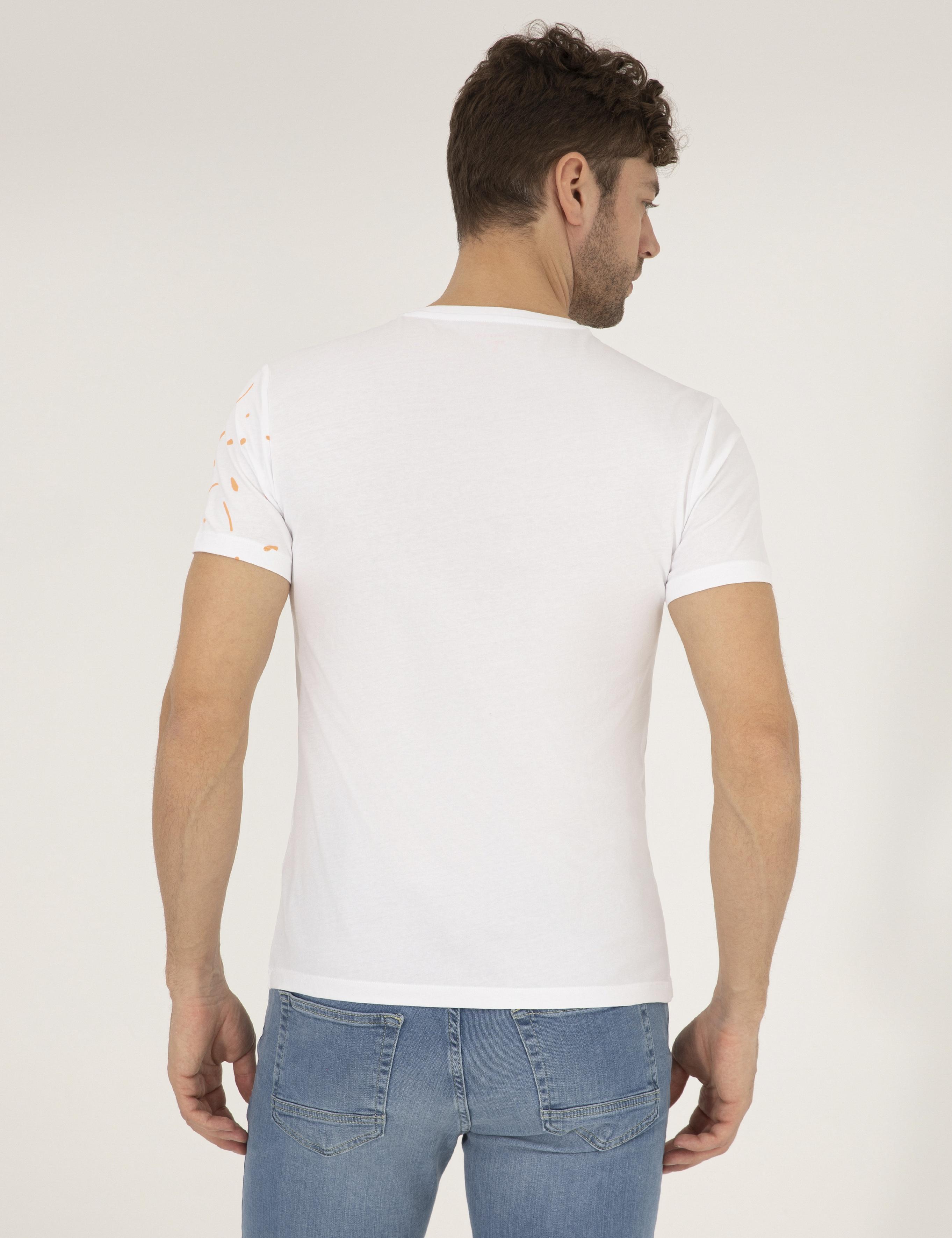 Ekru Slim Fit Baskılı Bisiklet Yaka Tişört