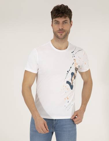 Ekru Slim Fit Baskılı Bisiklet Yaka Tişört