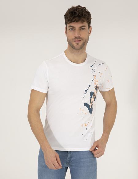 Ekru Slim Fit Baskılı Bisiklet Yaka Tişört - 50262621037