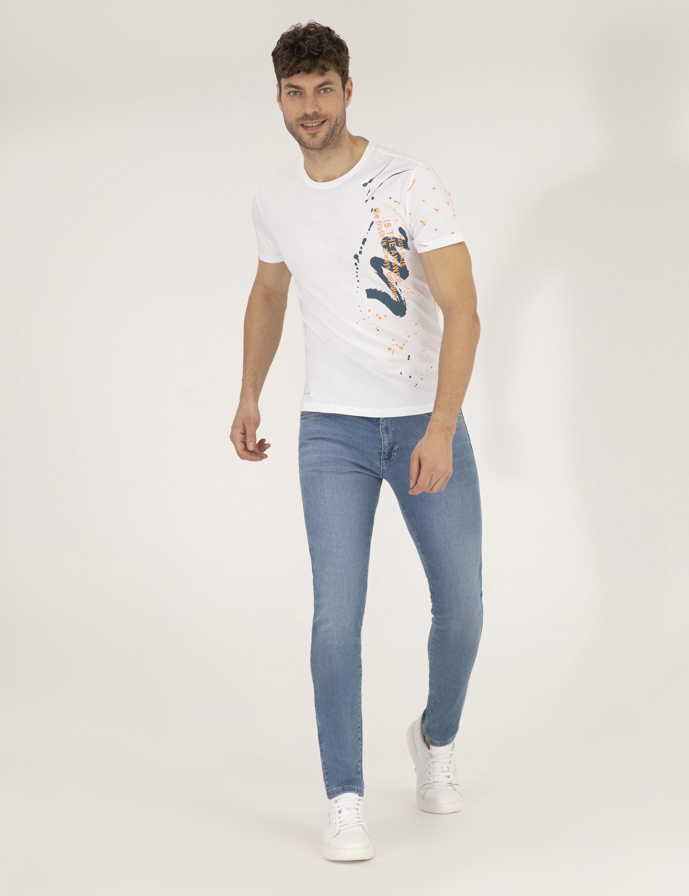 Ekru Slim Fit Baskılı Bisiklet Yaka Tişört