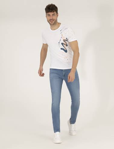 Ekru Slim Fit Baskılı Bisiklet Yaka Tişört