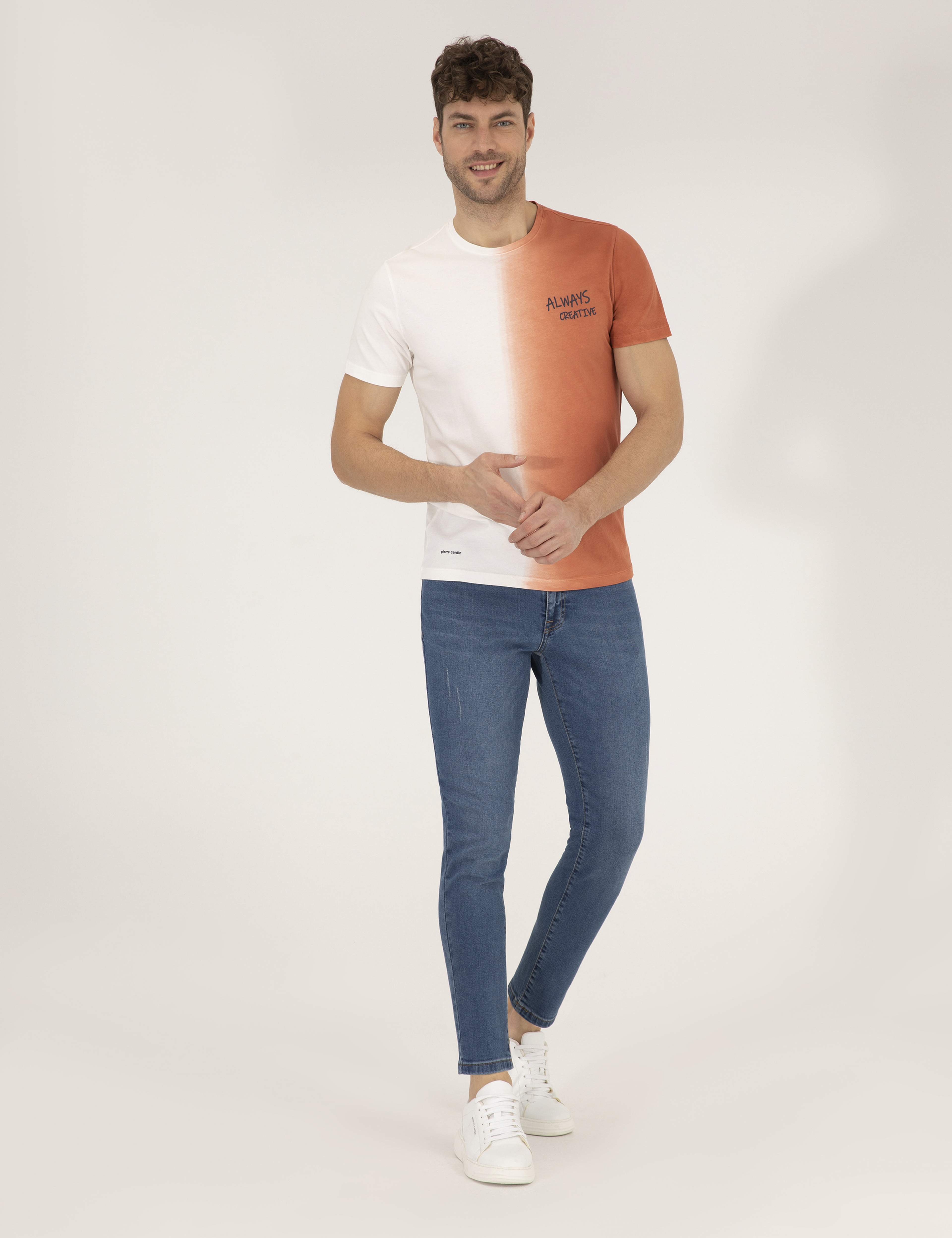 Kahverengi Slim Fit Degrade Geçişli Bisiklet Yaka Tişört