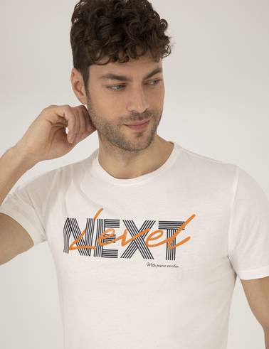 Ekru Slim Fit Baskılı Bisiklet Yaka Tişört