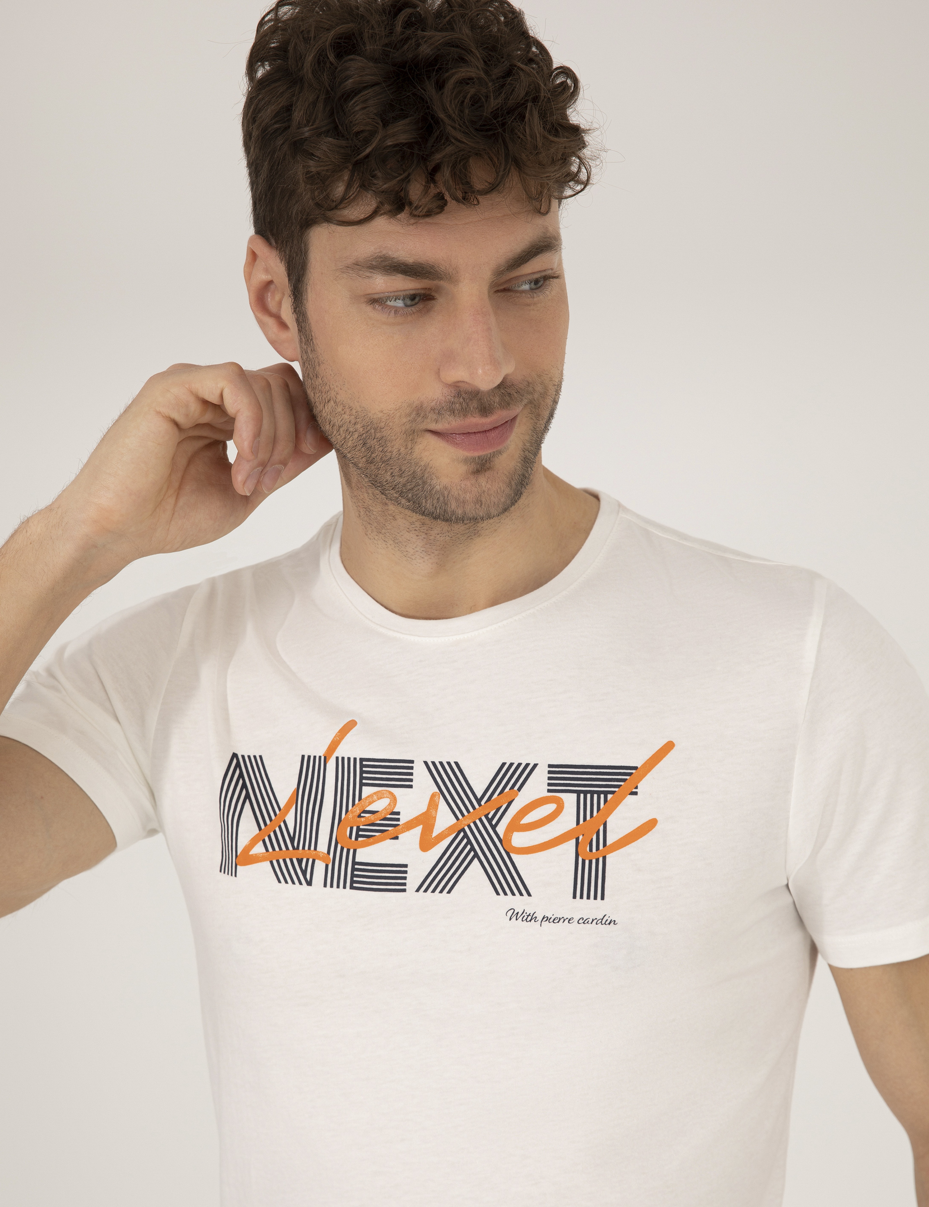 Ekru Slim Fit Baskılı Bisiklet Yaka Tişört - Image 3
