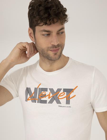 Ekru Slim Fit Baskılı Bisiklet Yaka Tişört - 50262639035