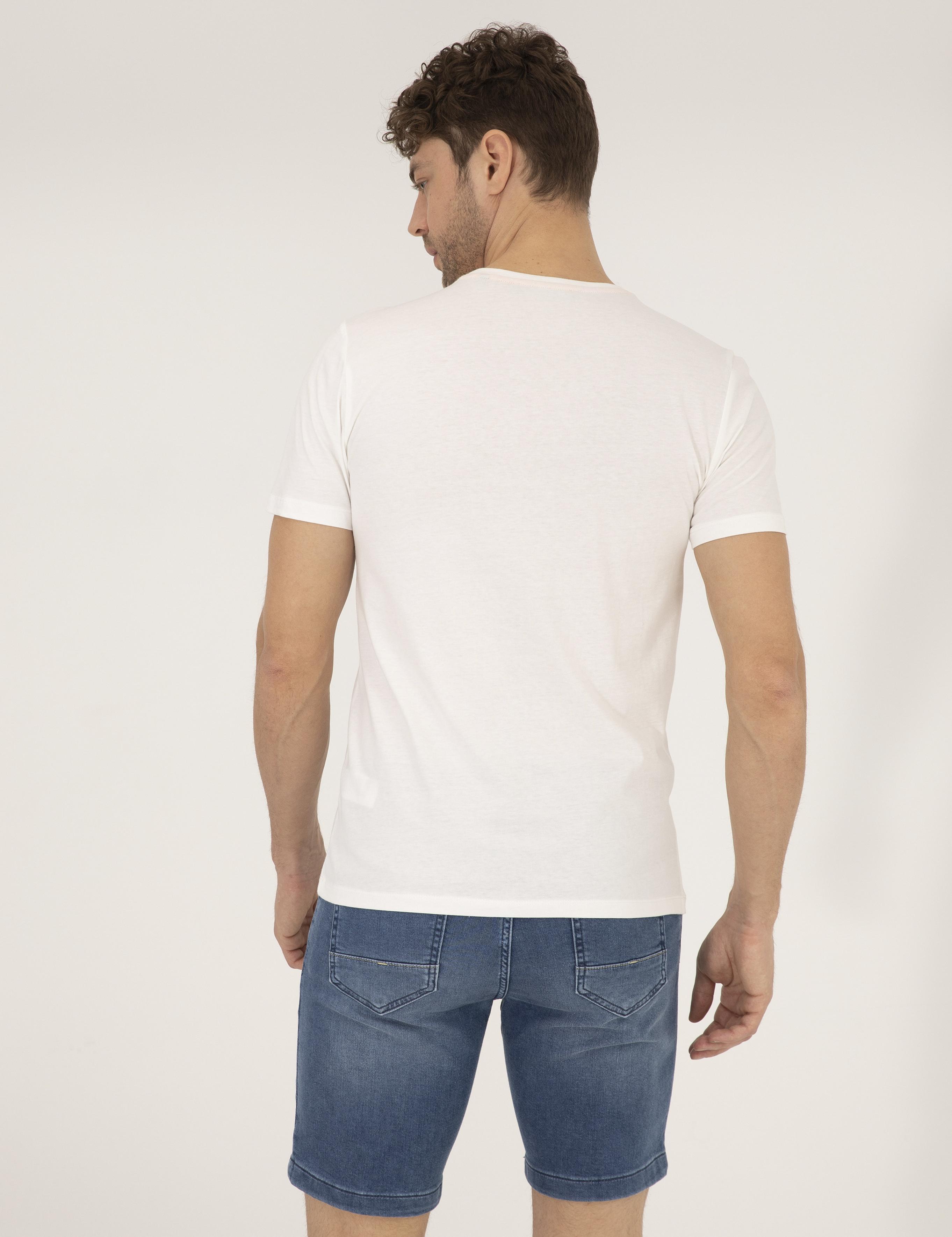 Ekru Slim Fit Baskılı Bisiklet Yaka Tişört