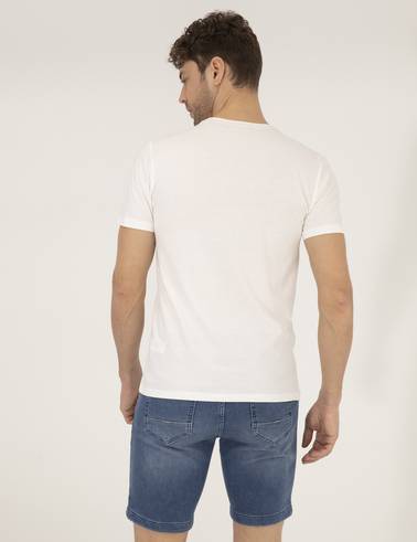 Ekru Slim Fit Baskılı Bisiklet Yaka Tişört