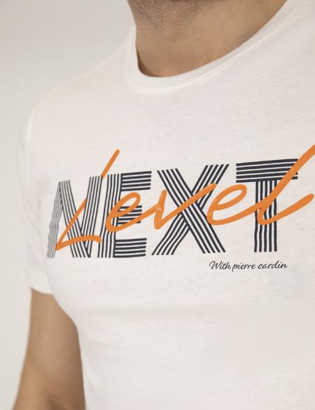 Ekru Slim Fit Baskılı Bisiklet Yaka Tişört - 50262639035