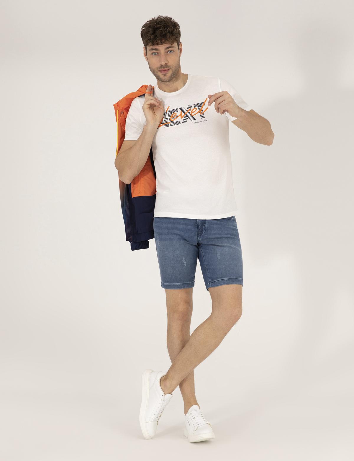 Ekru Slim Fit Baskılı Bisiklet Yaka Tişört - 50262639035