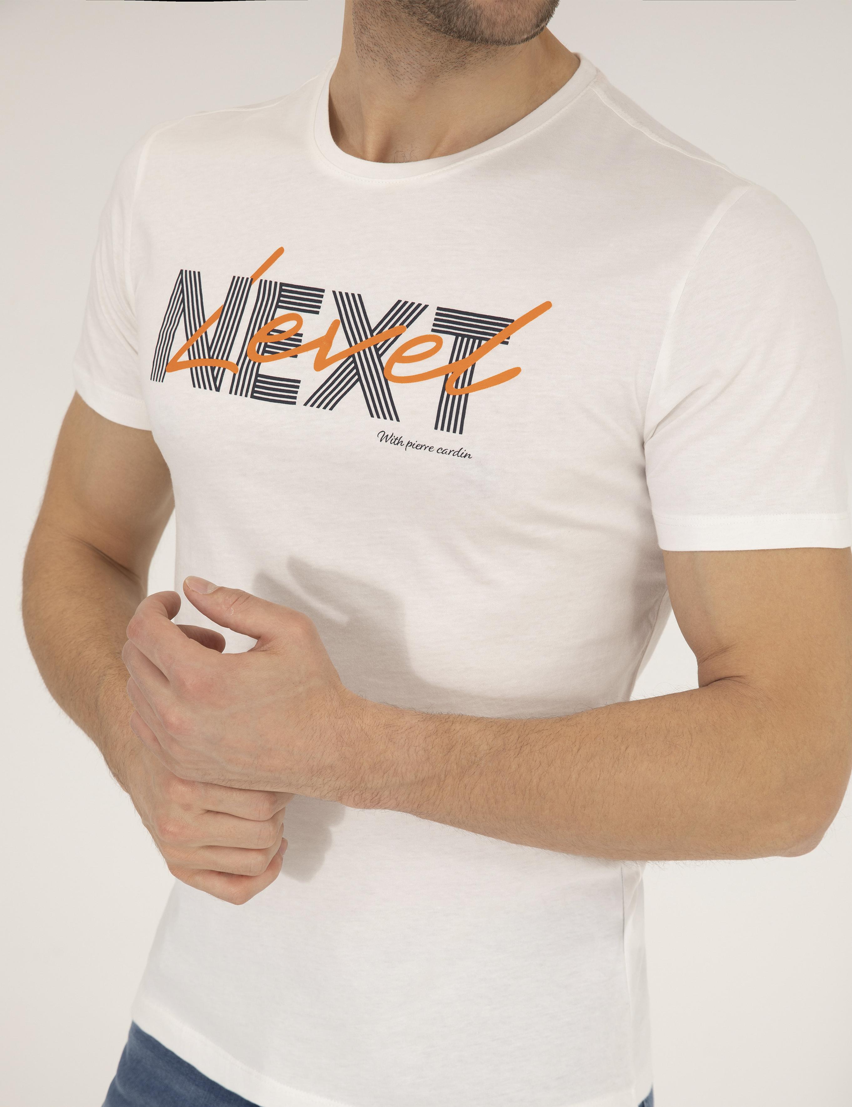 Ekru Slim Fit Baskılı Bisiklet Yaka Tişört