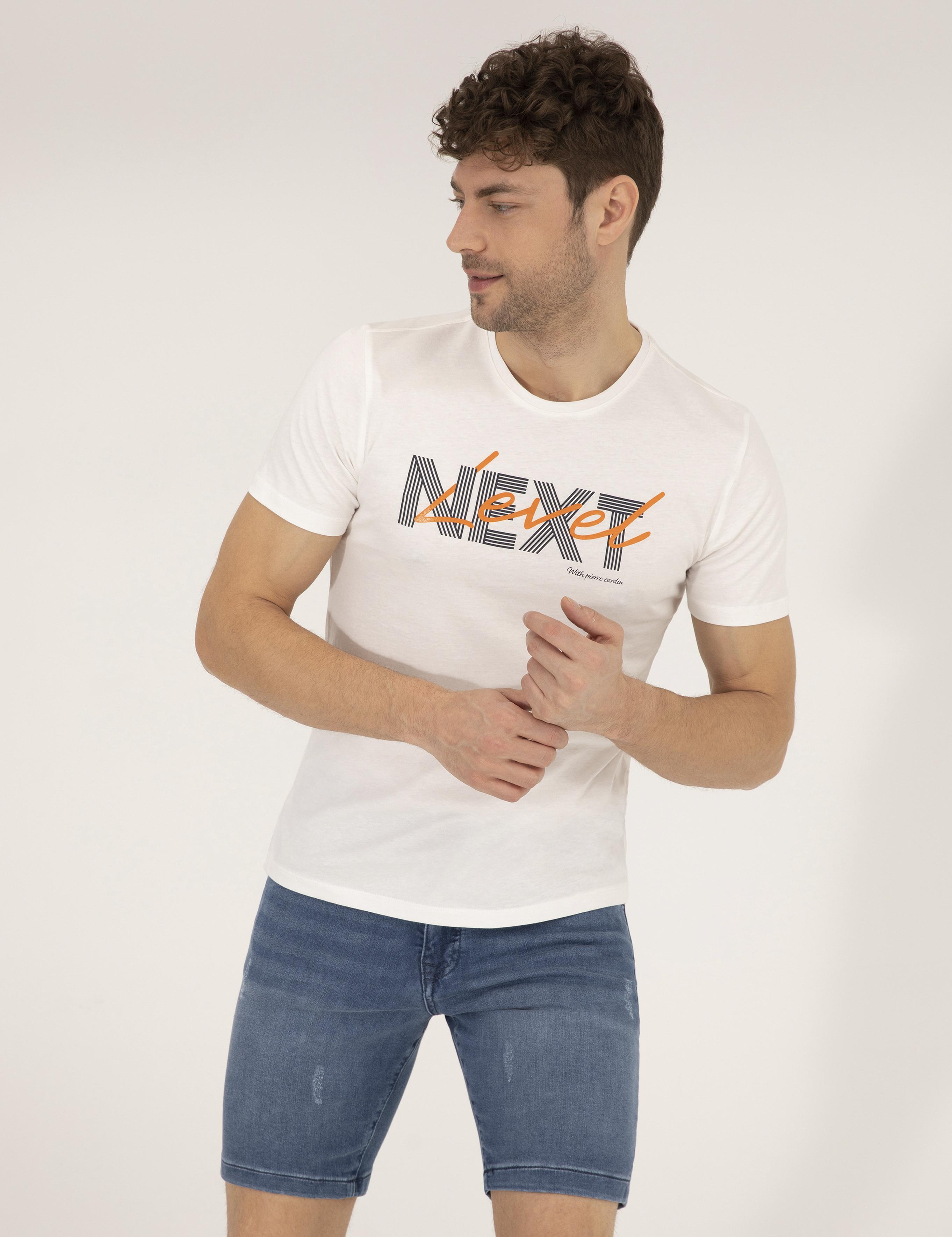 Ekru Slim Fit Baskılı Bisiklet Yaka Tişört