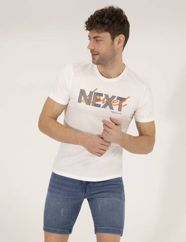 Ekru Slim Fit Baskılı Bisiklet Yaka Tişört