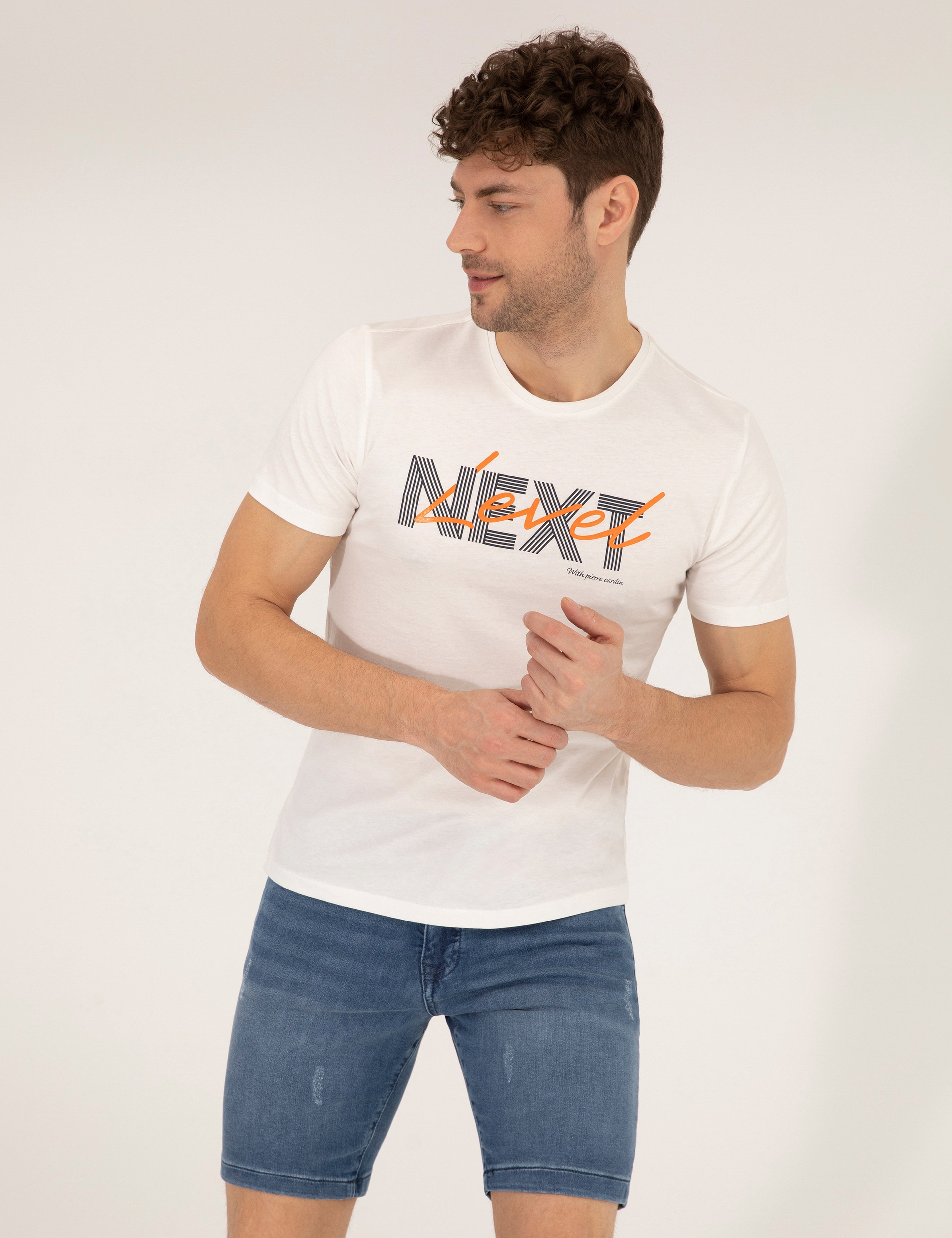 Ekru Slim Fit Baskılı Bisiklet Yaka Tişört - Image 1
