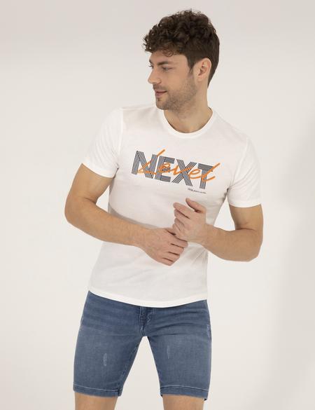 Ekru Slim Fit Baskılı Bisiklet Yaka Tişört - 50262639035