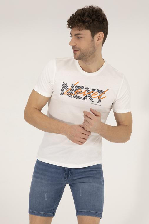 Ekru Slim Fit Baskılı Bisiklet Yaka Tişört