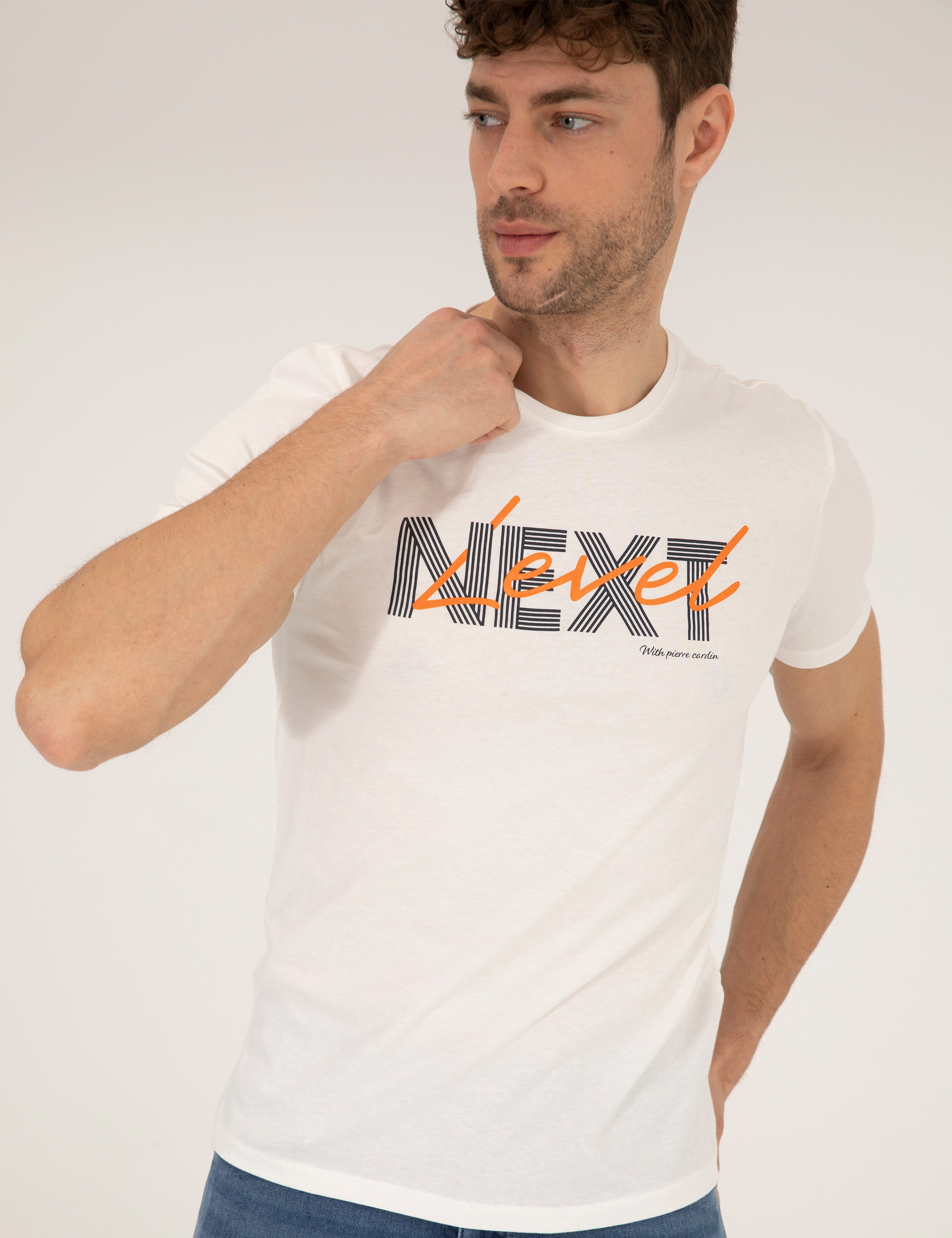 Ekru Slim Fit Baskılı Bisiklet Yaka Tişört - Image 2