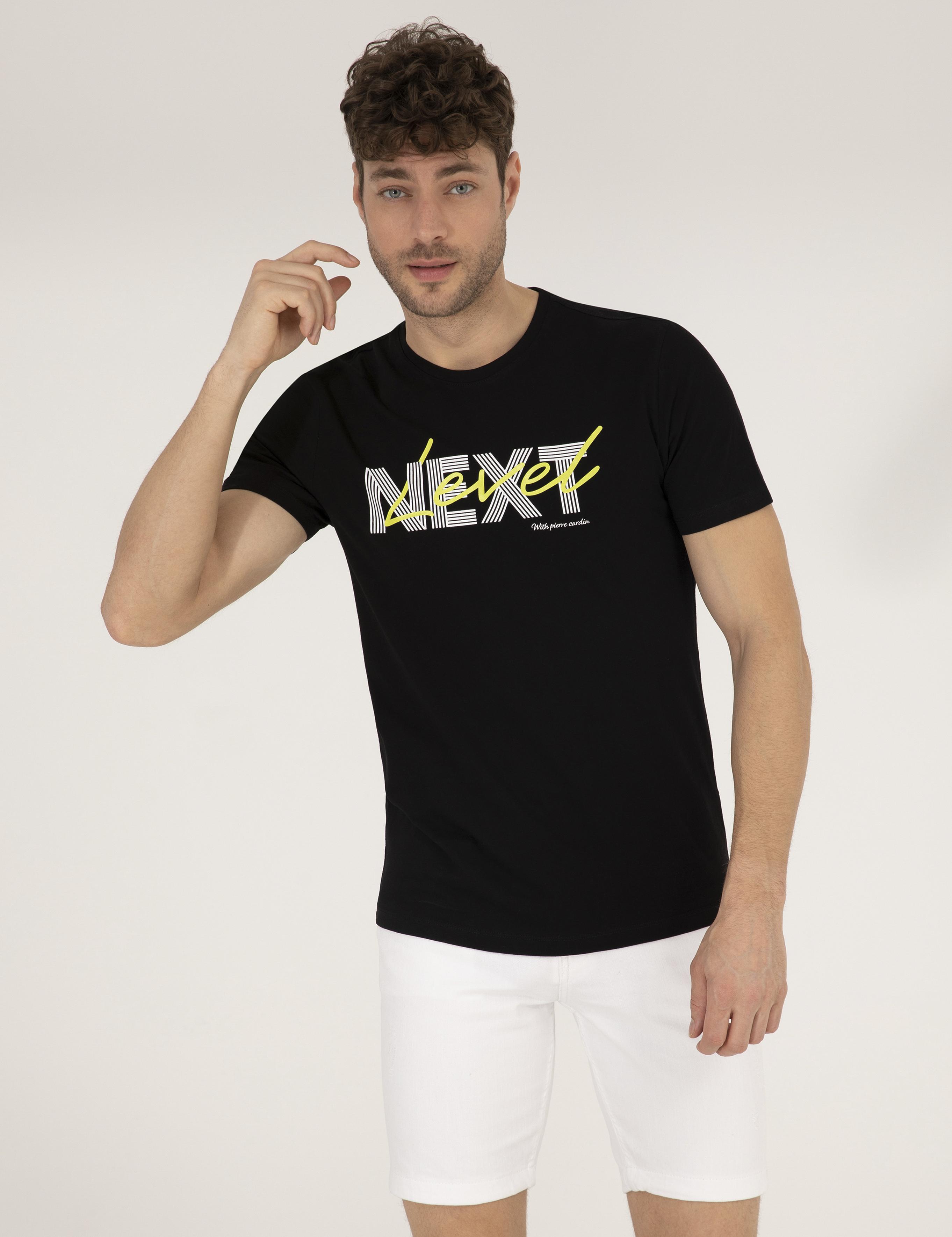 Siyah Slim Fit Baskılı Bisiklet Yaka Tişört