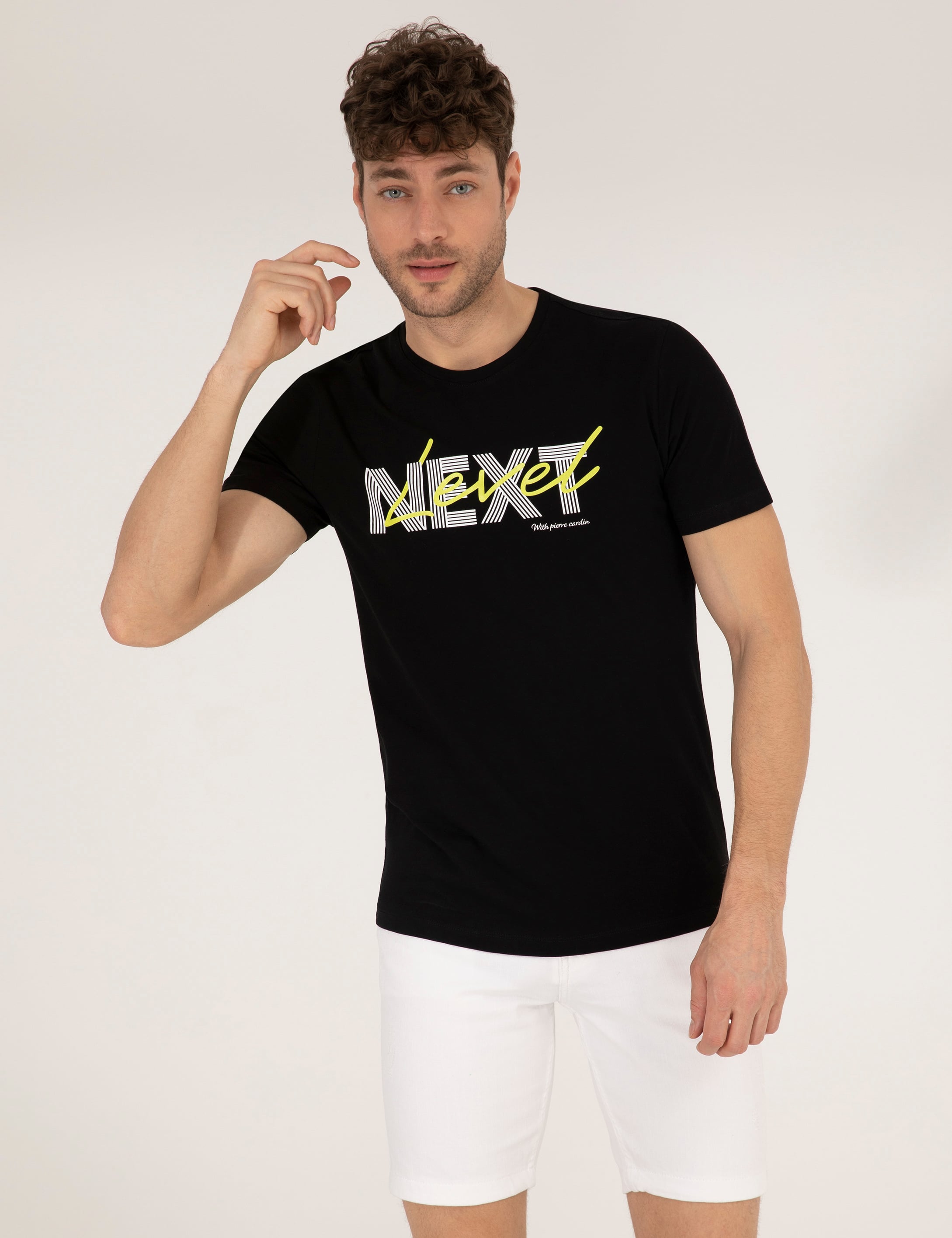 Siyah Slim Fit Baskılı Bisiklet Yaka Tişört - Image 2