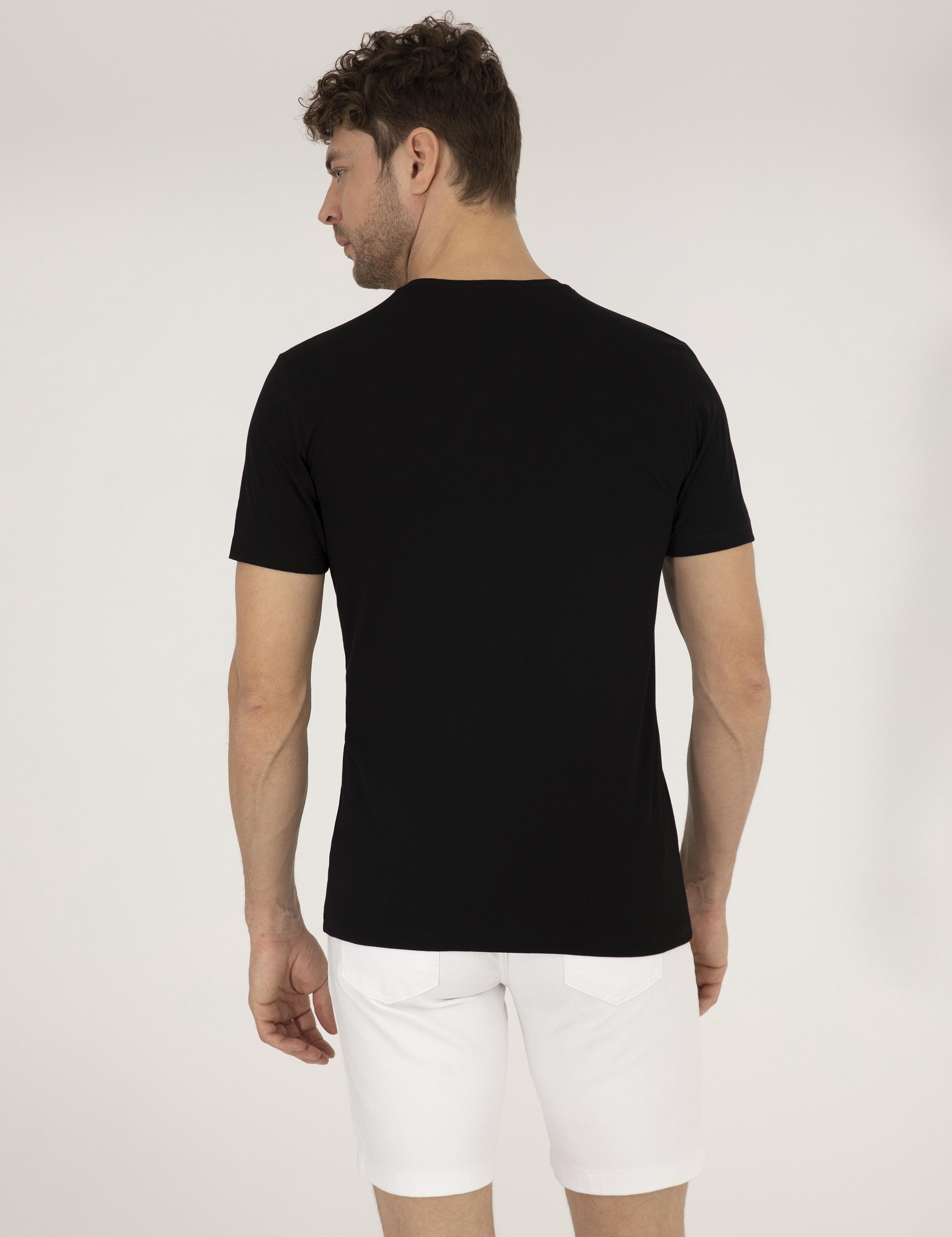 Siyah Slim Fit Baskılı Bisiklet Yaka Tişört