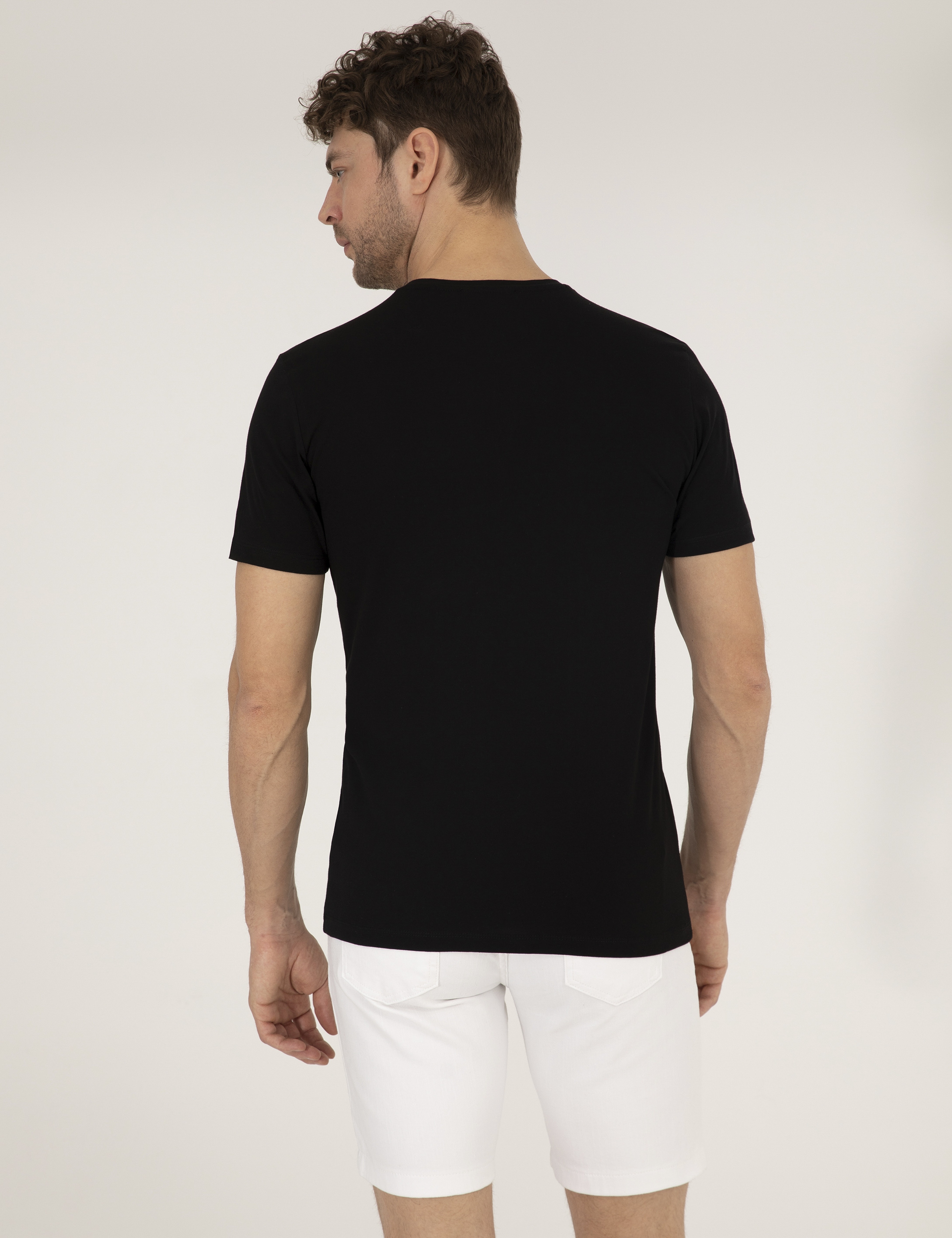 Siyah Slim Fit Baskılı Bisiklet Yaka Tişört