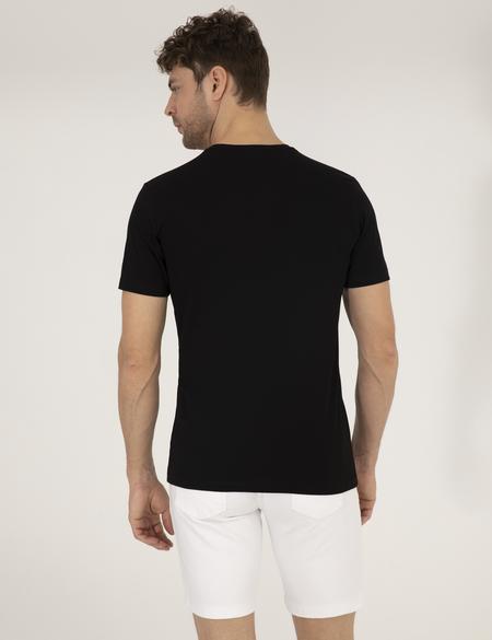 Siyah Slim Fit Baskılı Bisiklet Yaka Tişört - 50262639044