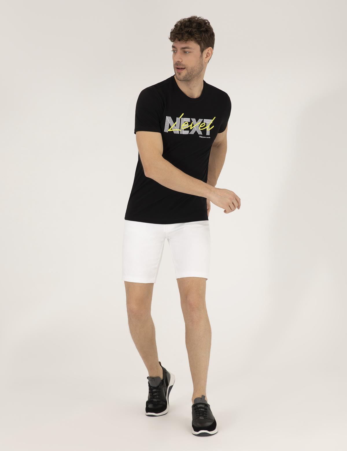 Siyah Slim Fit Baskılı Bisiklet Yaka Tişört - 50262639044