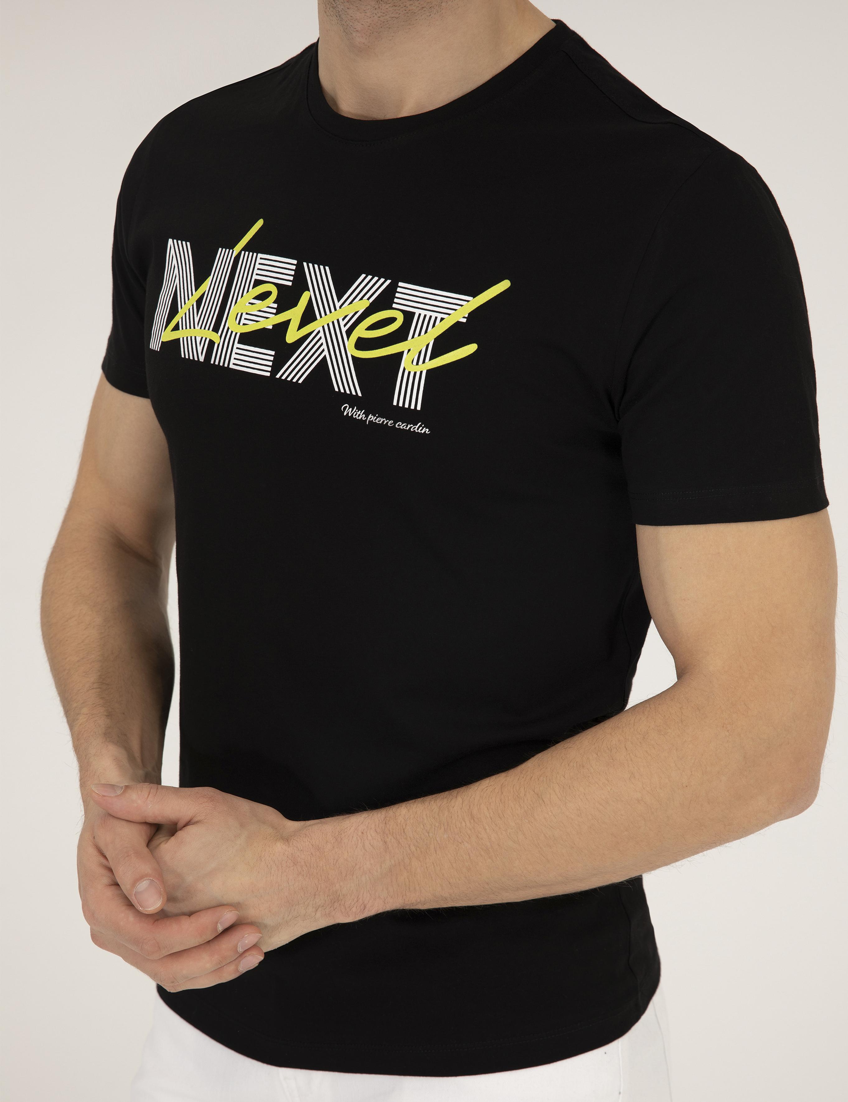 Siyah Slim Fit Baskılı Bisiklet Yaka Tişört