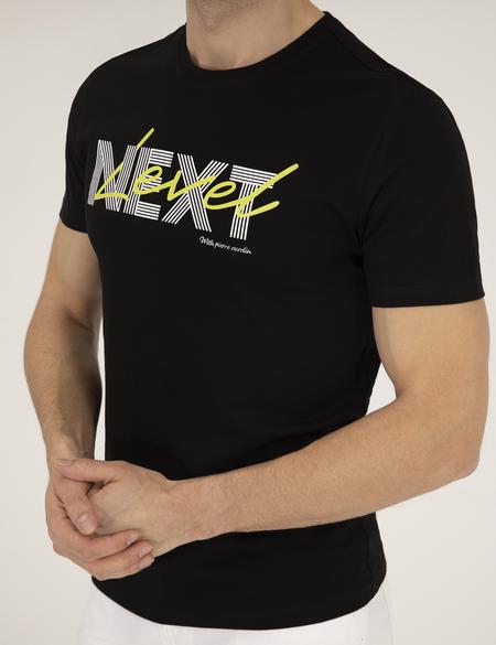 Siyah Slim Fit Baskılı Bisiklet Yaka Tişört - 50262639044