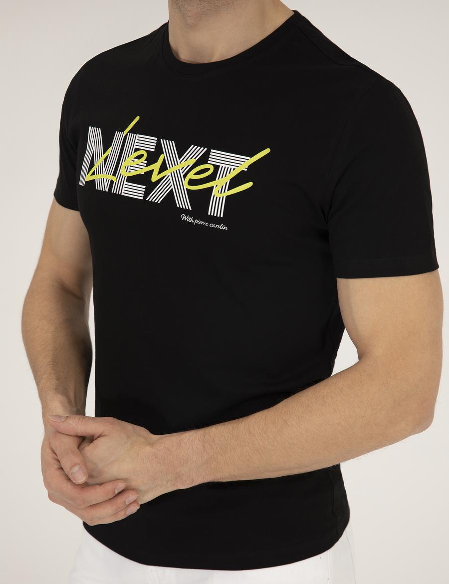 Siyah Slim Fit Baskılı Bisiklet Yaka Tişört