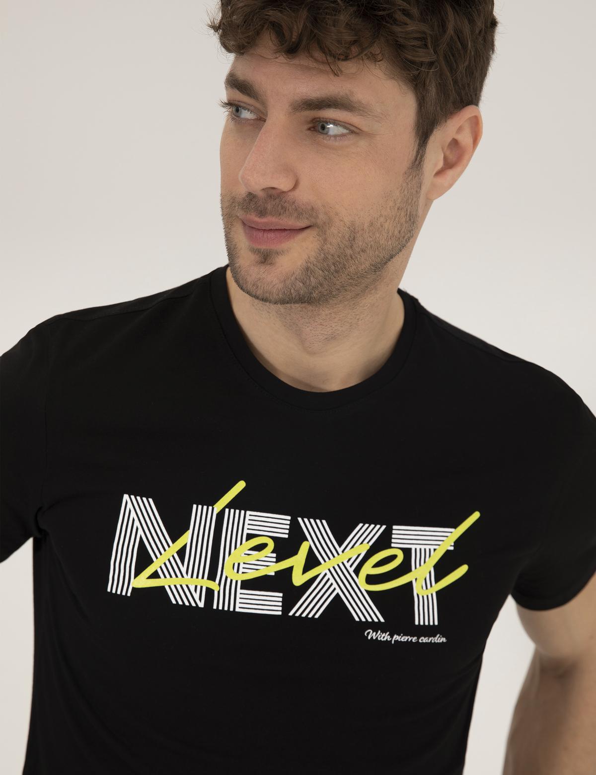 Siyah Slim Fit Baskılı Bisiklet Yaka Tişört - 50262639044