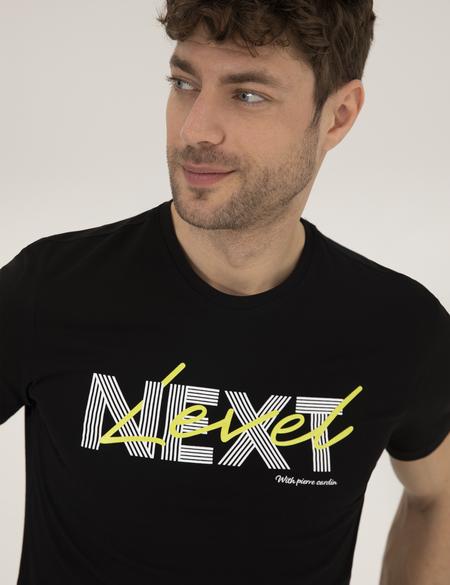 Siyah Slim Fit Baskılı Bisiklet Yaka Tişört - 50262639044