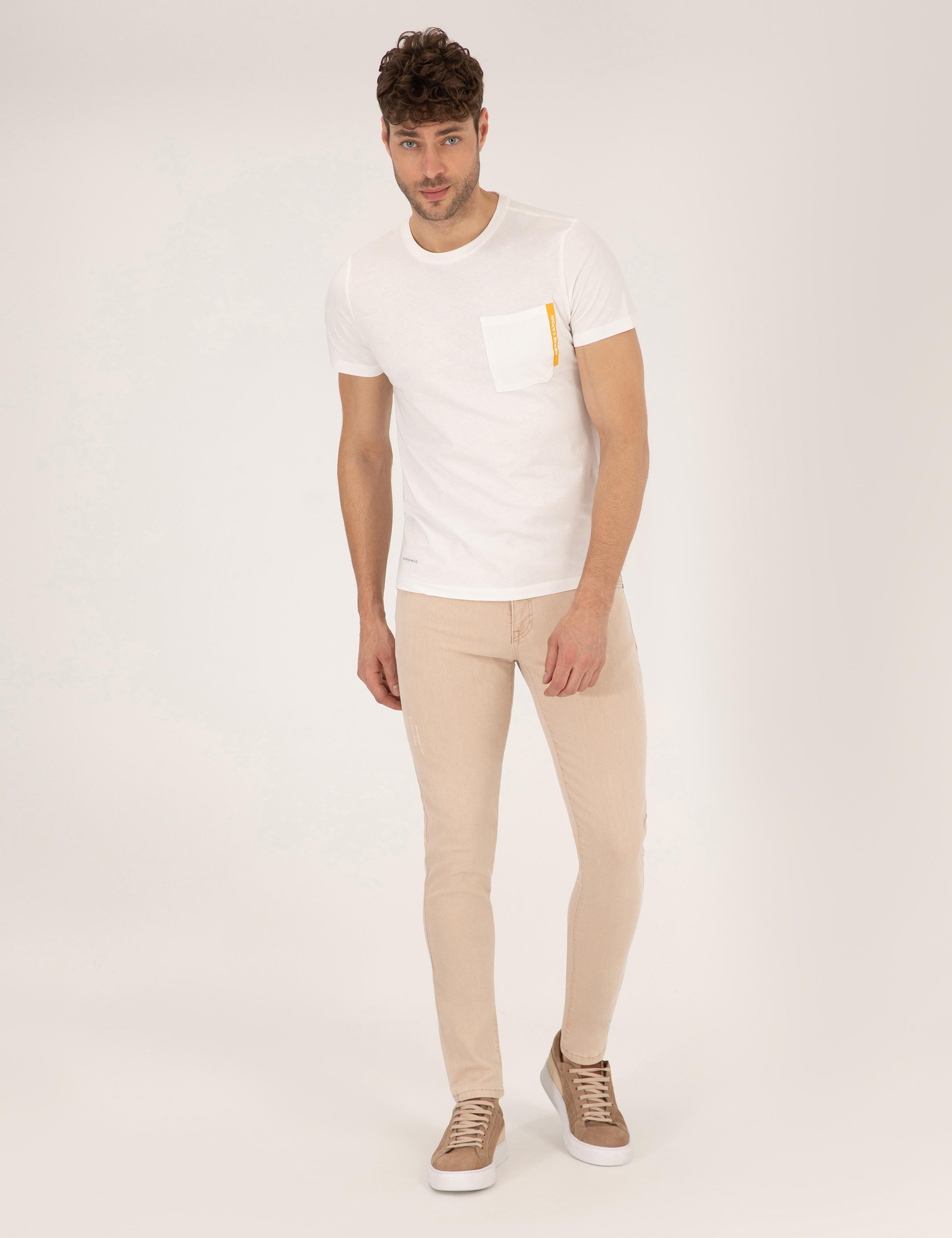 Ekru Slim Fit Cepli Bisiklet Yaka Tişört