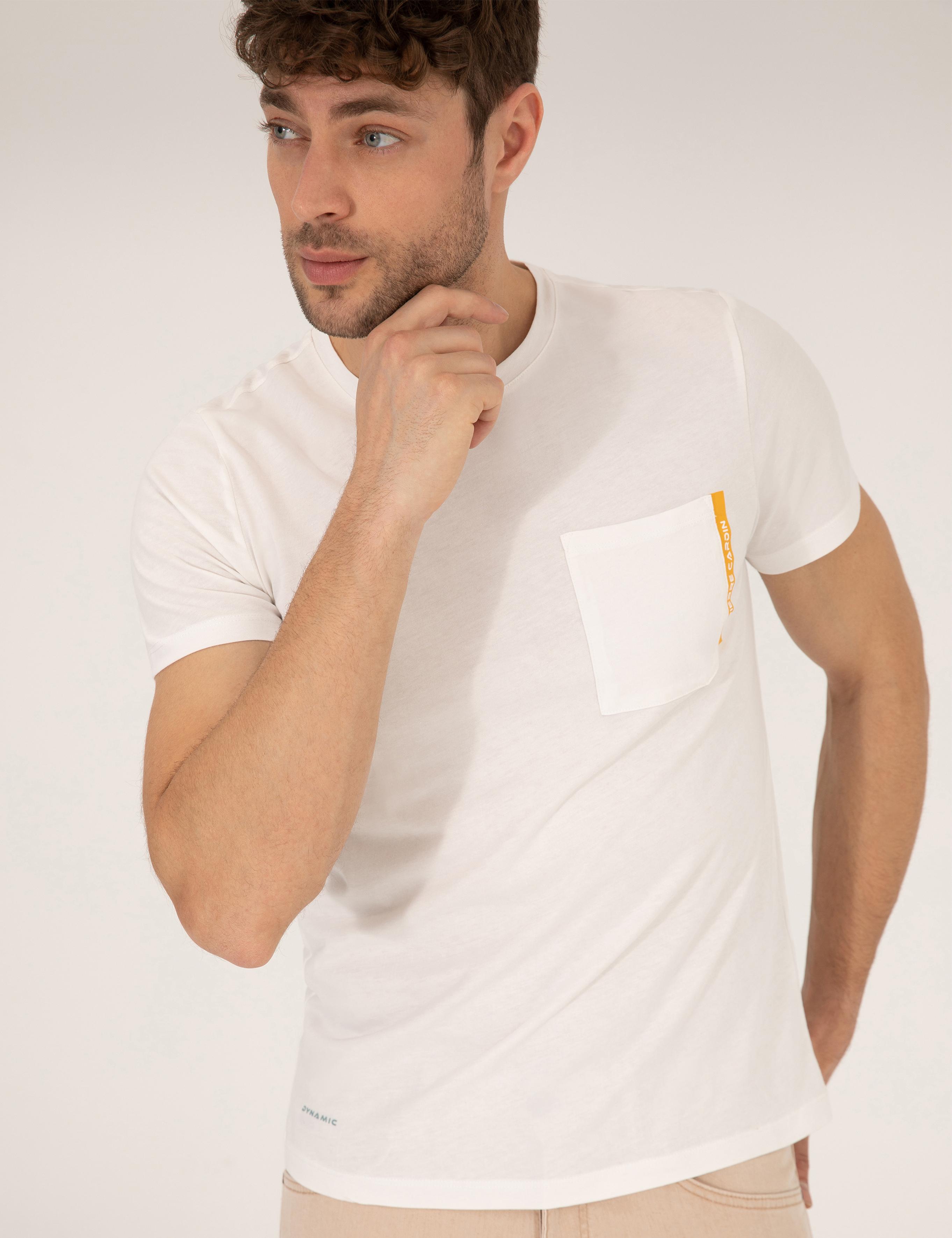 Ekru Slim Fit Cepli Bisiklet Yaka Tişört