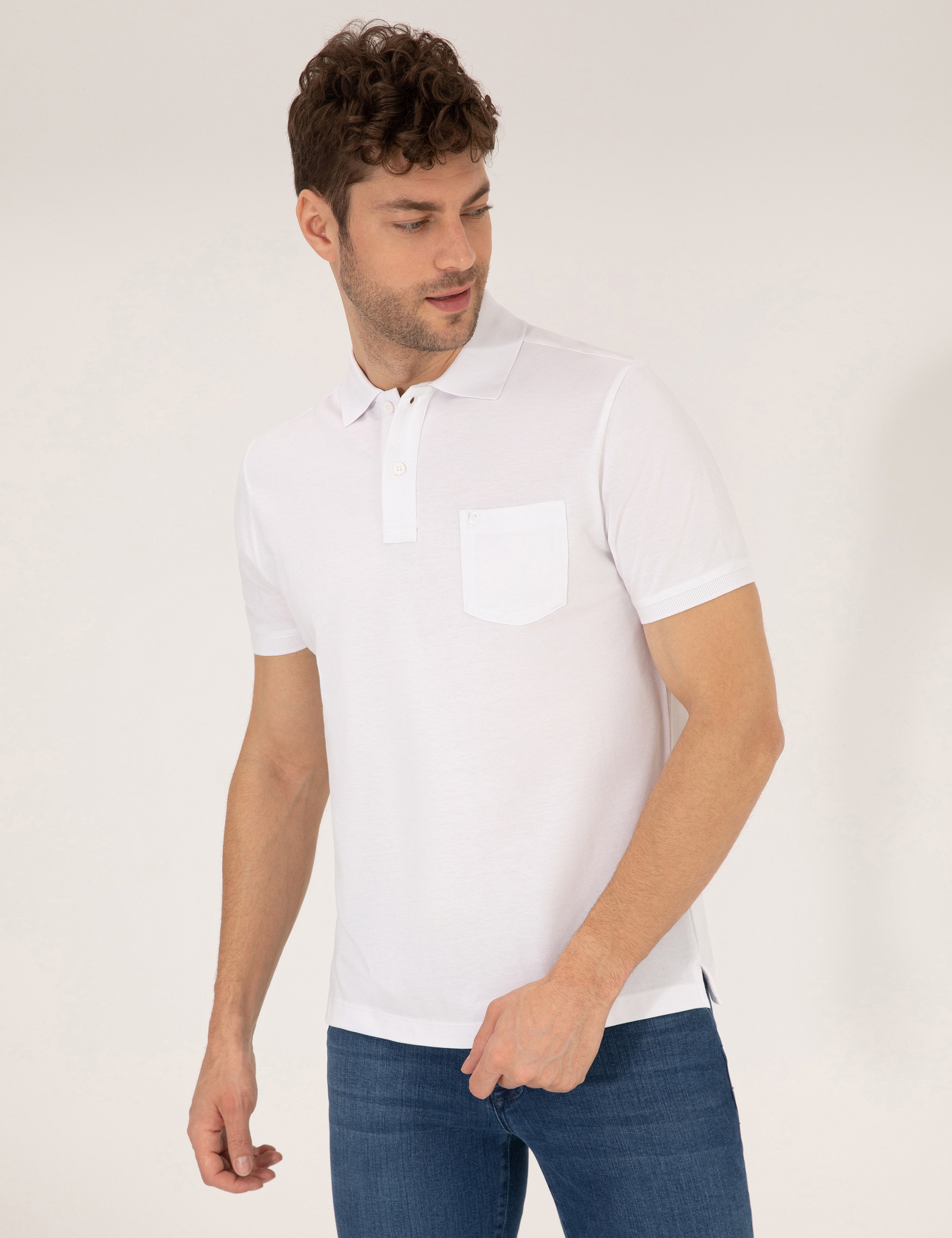 Beyaz Regular Fit %100 Pamuk Düğmeli Polo Yaka Basic Tişört - Image 1