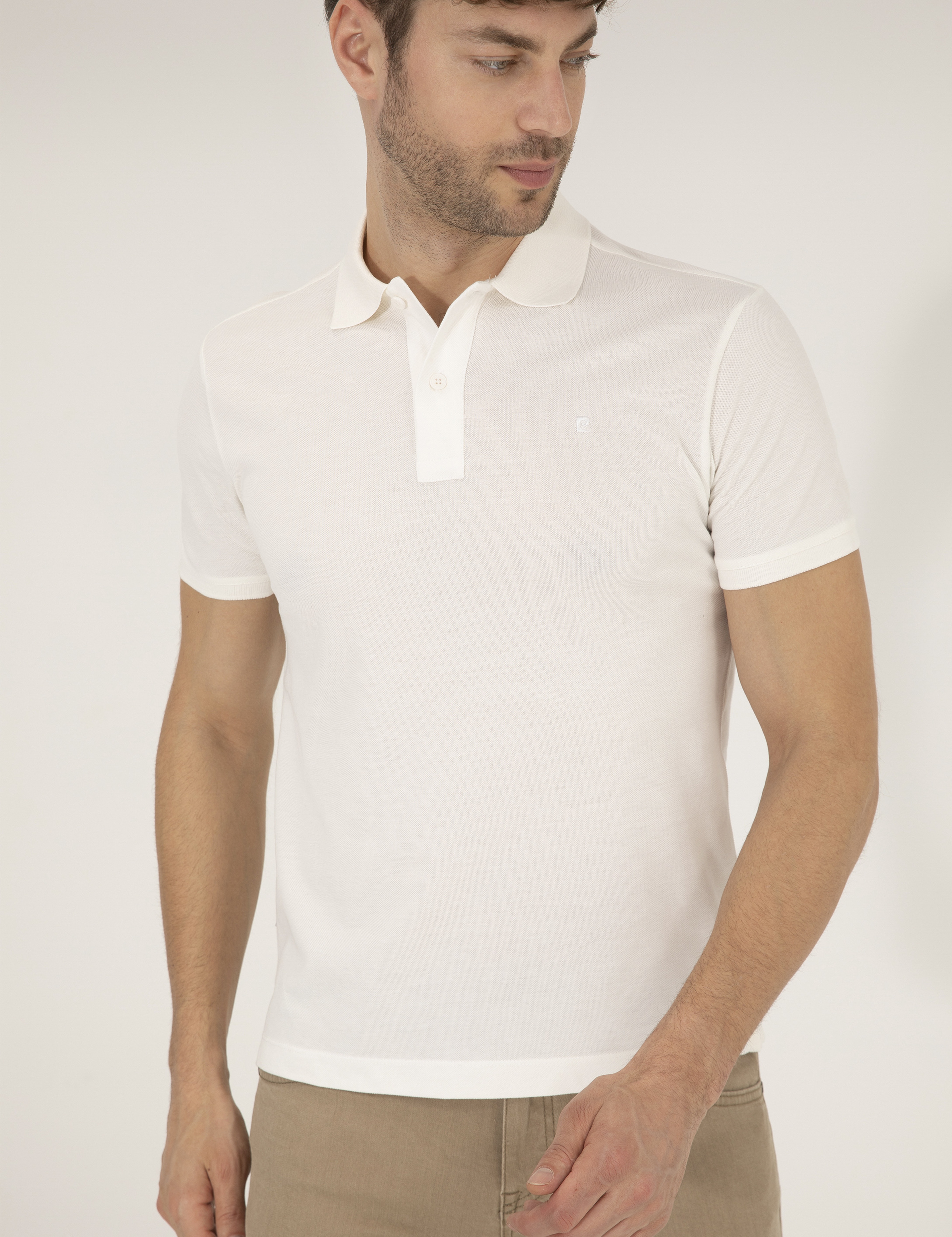 Beyaz Slim Fit %100 Pamuk Düğmeli Polo Yaka Basic Tişört - Image 3