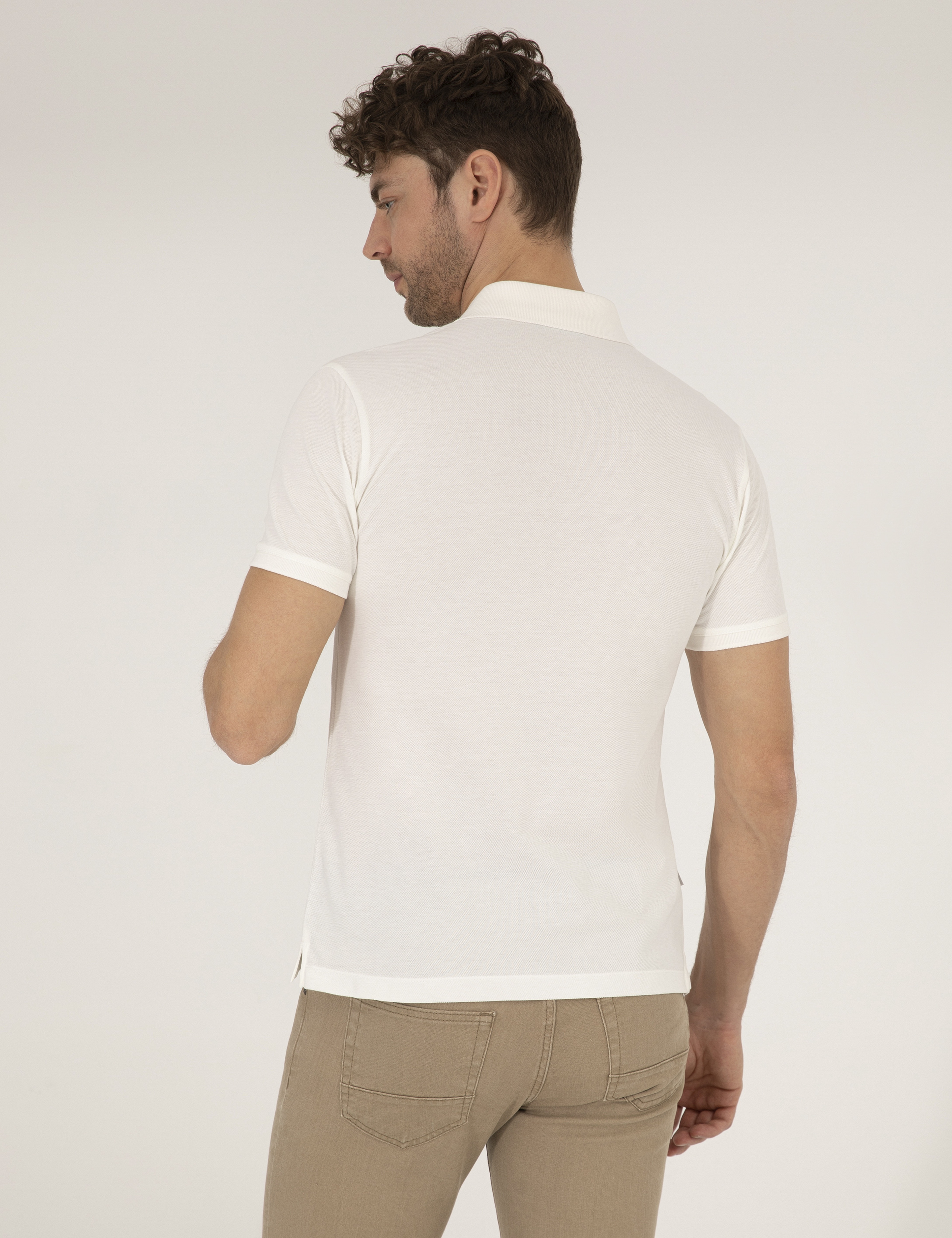 Beyaz Slim Fit %100 Pamuk Düğmeli Polo Yaka Basic Tişört - Image 5